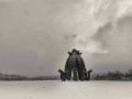 Парк арт-обьектов Никола-ленивец зимой. Обьект Бобур на фоне леса. Декабрь 2023