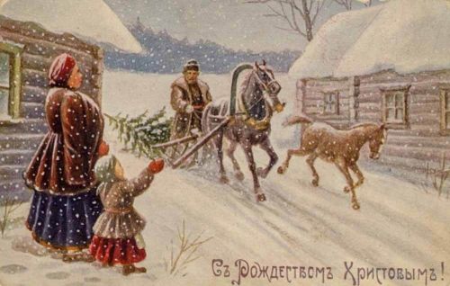 Деревенская сцена на дореволюционной открытке.